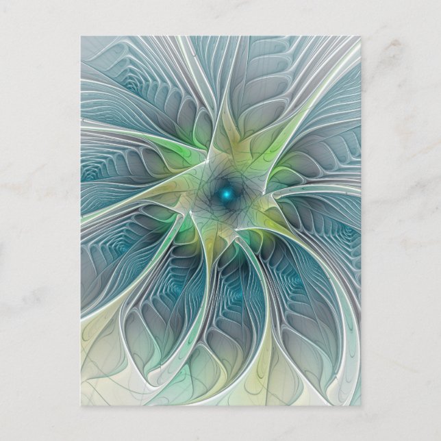 Postal Fantasía Flor Fractal Verde Azul (Anverso)