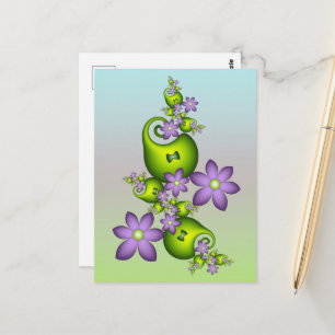 Postal Fantasía floral flores de lila Formas verdes Fract