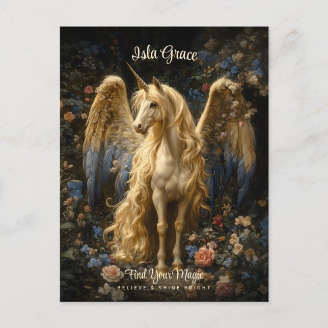 Postal Fantasia Floral Unicornio Pegasus Crema Antiguo (Anverso)