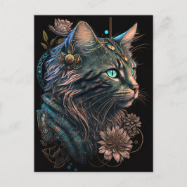 Postal Fantasía gato ocular azul con flores arte de IA