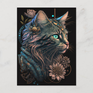 Postal Fantasía gato ocular azul con flores arte de IA