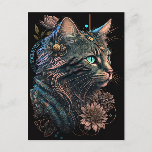 Postal Fantasía gato ocular azul con flores arte de IA (Anverso)