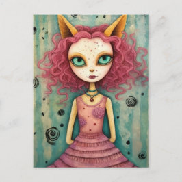 Postal Fantasía Gato Rosa Mujer Alimenticia Medios Mixtos