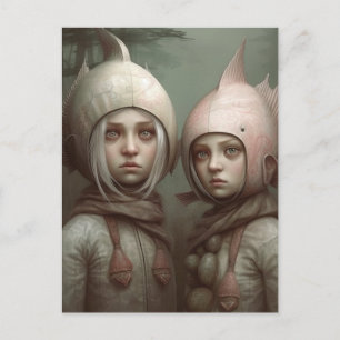 Postal Fantasía Hada Niños Con Gorras De Pescado
