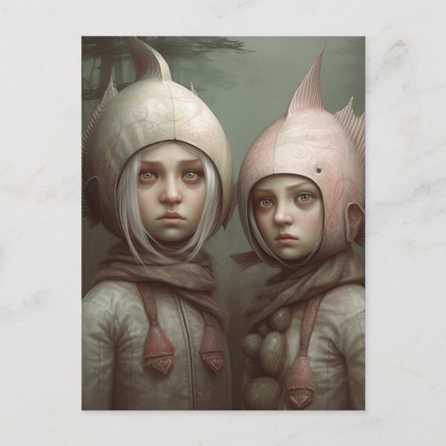 Postal Fantasía Hada Niños Con Gorras De Pescado (Anverso)