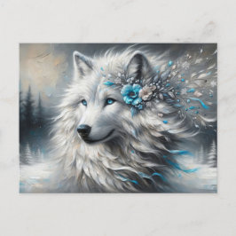 Postal Fantasía Lobo Blanco Invierno Wonderland