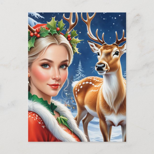 Postal Fantasía mujer rubia y Navidades de venado (Anverso)