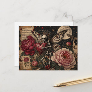 Postal Fantasía oscura Hada Esqueleto y flores de peonía 