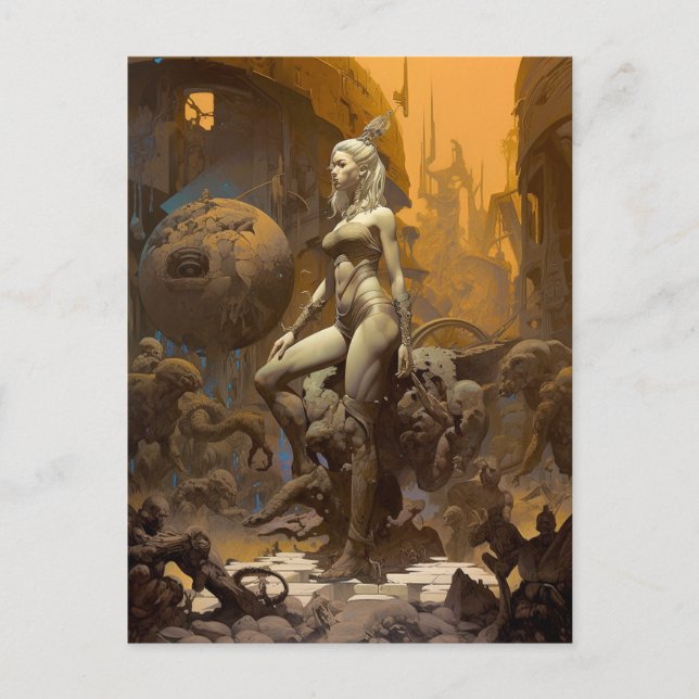 Postal Fantasía retro: Mujer hermosa (Anverso)
