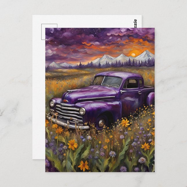 Postal Fantasía Retro violeta púrpura en un prado de mont (Anverso / Reverso)