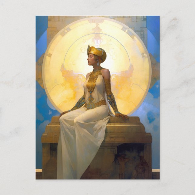 Postal Fantasía Retrofuturista Mujer sentada Reina (Anverso)