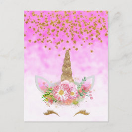 Postal Fantasía rosada y unicornio de oro de las