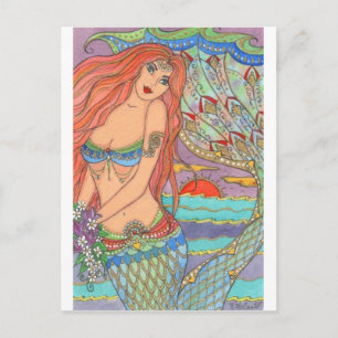 Postal Fantasía Sirena Princesa Art Sunset Flores