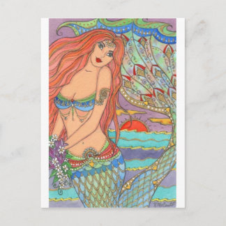 Postal Fantasía Sirena Princesa Art Sunset Flores