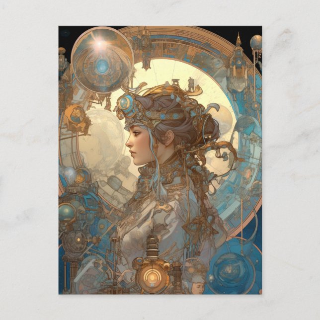 Postal Fantasía Steampunk Sci-Fi Art Nouveau Lady (Anverso)