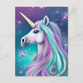 Postal Fantasía Unicornio con pelo azul y rosa