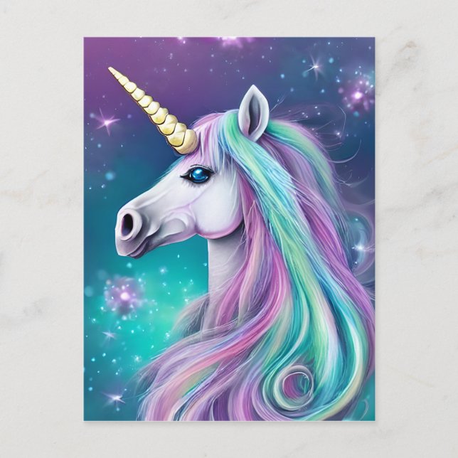 Postal Fantasía Unicornio con pelo azul y rosa (Anverso)