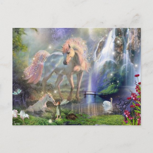 Postal Fantasía Unicornio mamá y bebé (Anverso)