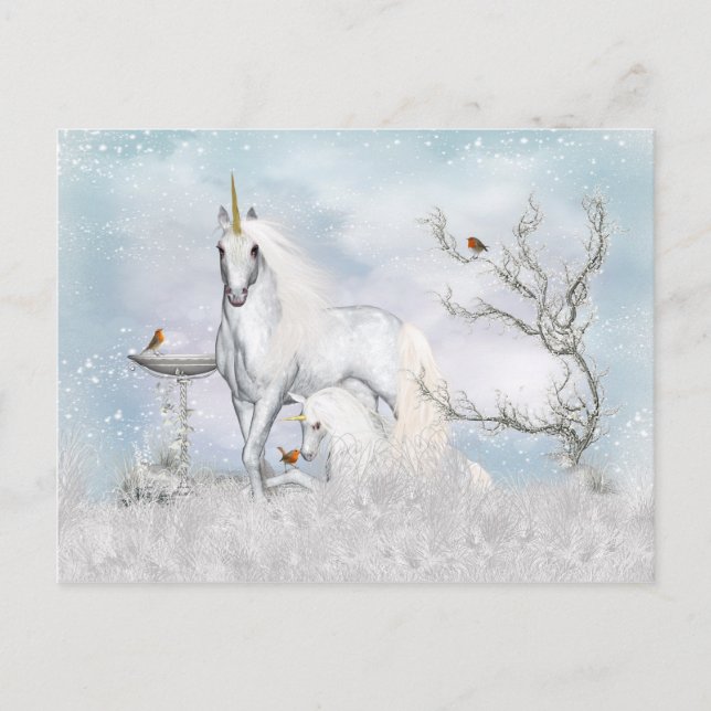Postal fantasía - Unicornio y su potro en invierno (Anverso)