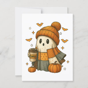 Postal Fantasma Adorable Bebiendo Café Halloween