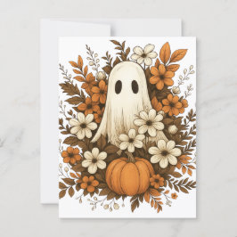 Postal Fantasma Adorable Con Calabaza Y Flores De Otoño –
