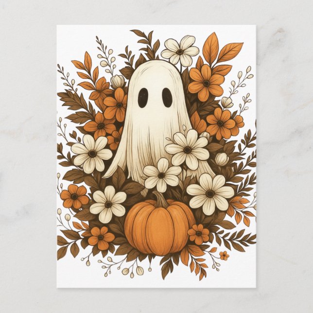 Postal Fantasma Adorable Con Calabaza Y Flores De Otoño – (Anverso)