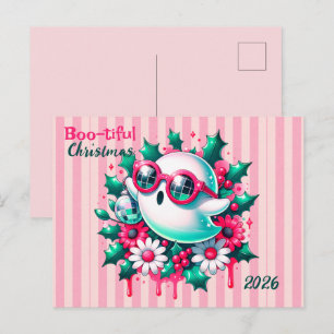 Postal Fantasma de Bola de Disco Floral Rosa de Navidad