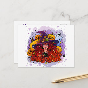 Postal Fantasma de brujas y calabazas
