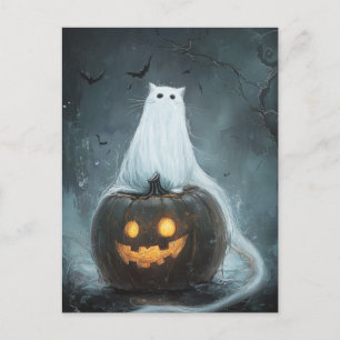 Postal Fantasma de gato de Halloween en Jack O Lantern