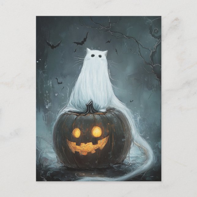 Postal Fantasma de gato de Halloween en Jack O Lantern (Anverso)