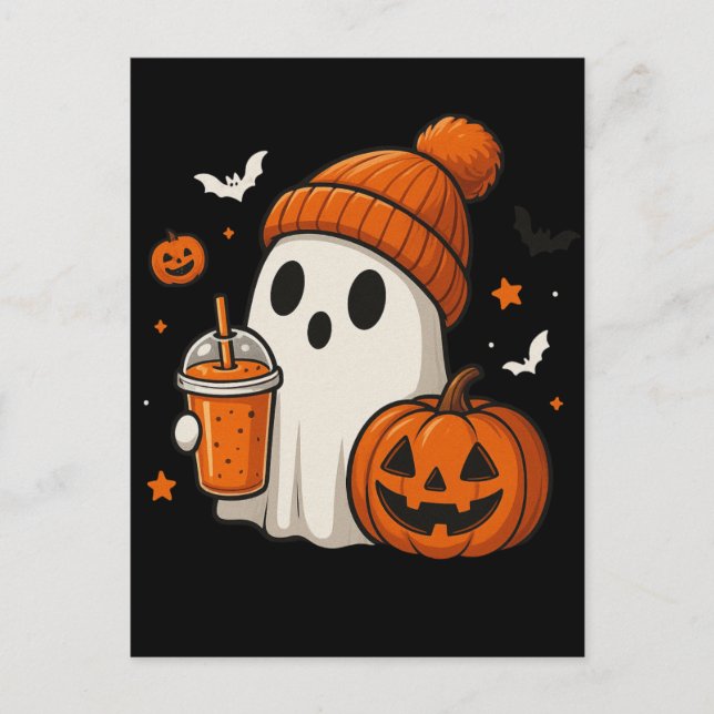 Postal Fantasma de Halloween con calabaza y bebida (Anverso)
