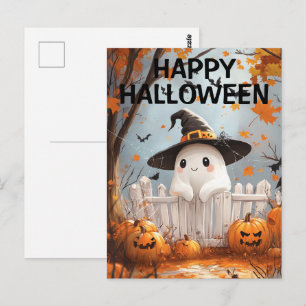 Postal Fantasma de Halloween con calabazas y murciélagos