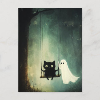 Postal Fantasma de Halloween, gato en flor