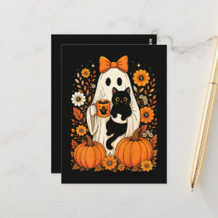 Postal Fantasma de Halloween Groovy sosteniendo Floral de