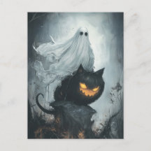 Fantasma de Halloween montando un gato negro