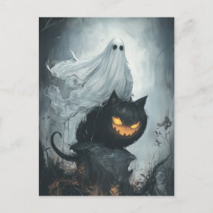 Postal Fantasma de Halloween montando un gato negro