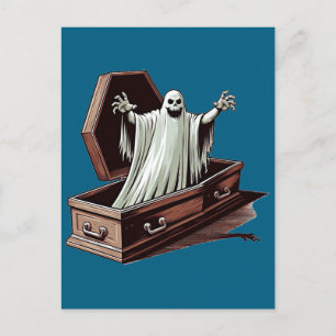 Postal fantasma de halloween saliendo del arte del ataúd