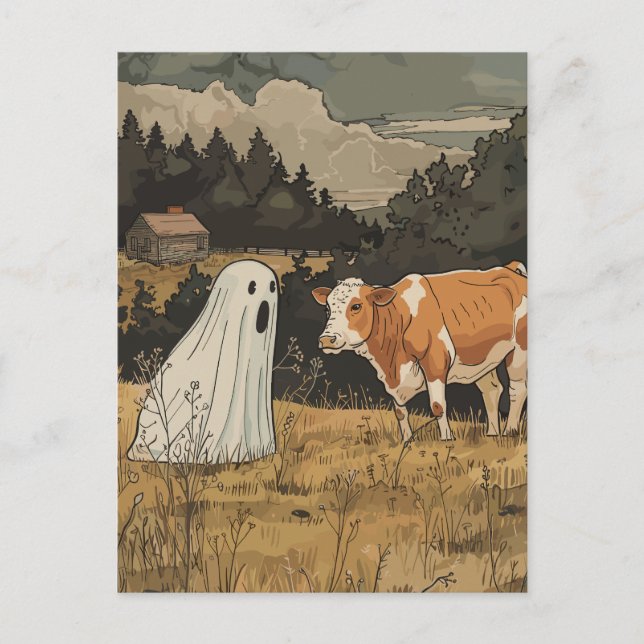 Postal Fantasma de Halloween y vaca granja vintage (Anverso)