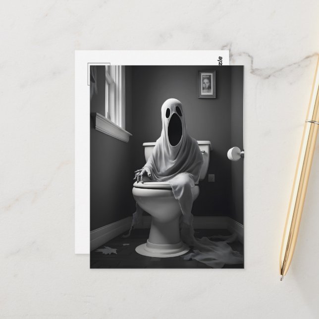 Postal Fantasma divertida sentada en el baño (Anverso/Reverso In Situ)