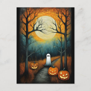 Postal Fantasma espeluznante de Halloween y calabaza de l