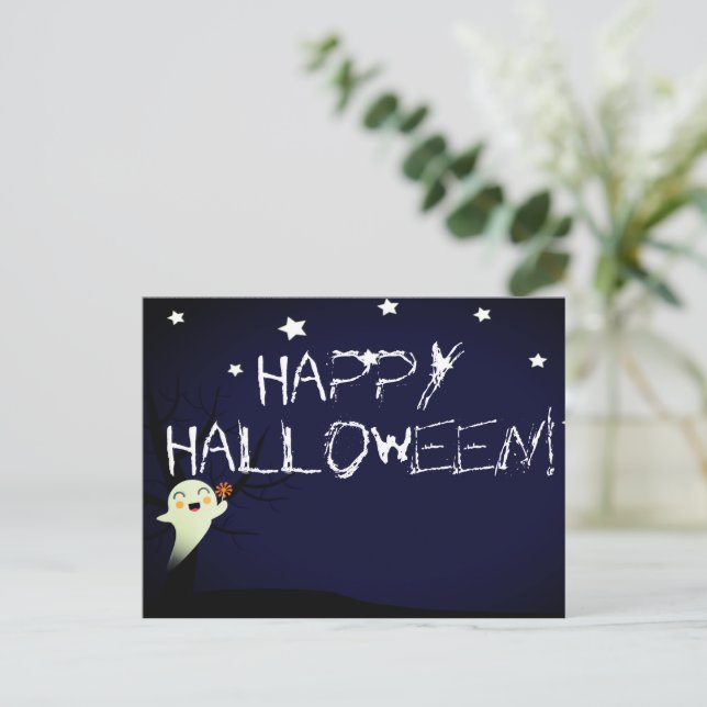 Postal Fantasma feliz en una noche estrellada de Hallowee (Anverso de pie)