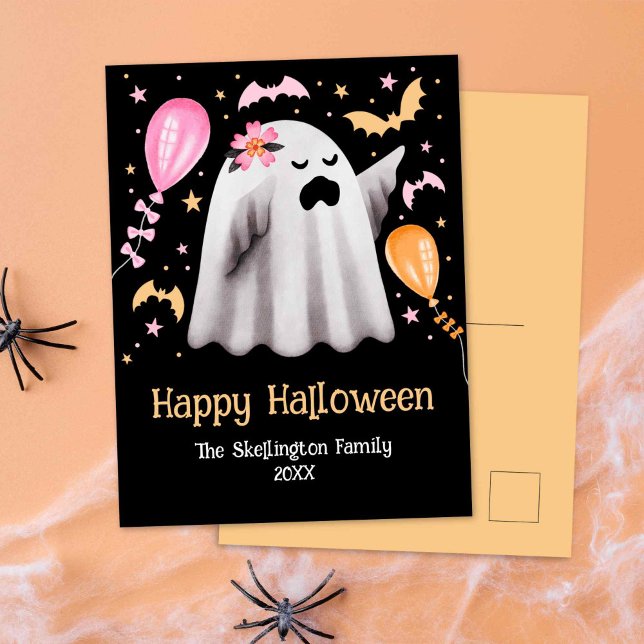 Postal Fantasma feliz Halloween (Cute Ghost Happy Halloween Postcard)