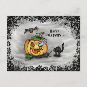 Postal Fantasma, Gato, Bat y Calabaza, ¡Feliz Halloween!