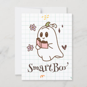 Postal fantasma kawaii leyendo un libro, adorable y espel
