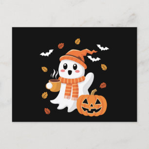 Postal Fantasma Lindo Bebiendo Café Helado Halloween 