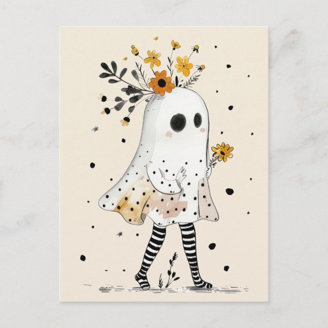 Postal Fantasma lindo con girasoles Halloween sinusal (Anverso)