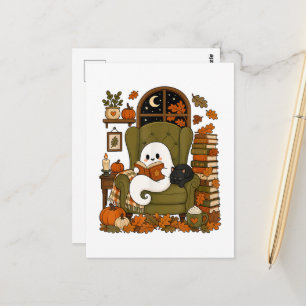 Postal Fantasma Lindo Leyendo Libro Gato Negro Otoño Cala