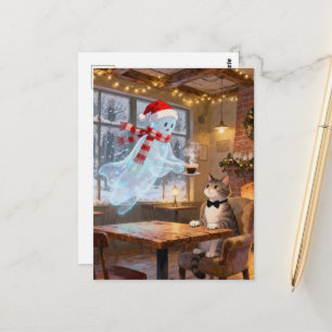 Postal Fantasma Navideño Adorable Sirve a un Gato en una