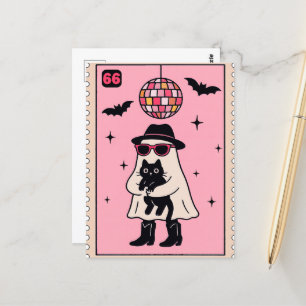 Postal Fantasma retro disco con sello de Halloween de gat