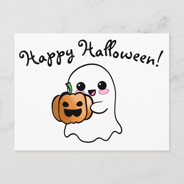 Postal Fantasma y calabaza felices Halloween (Anverso)